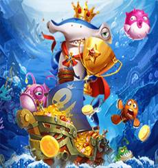 Karakter hiu pemenang di permainan tembak ikan dengan piala emas dan koin di dasar laut