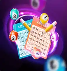 Kartu lotre dan bola angka berputar melambangkan permainan undian dengan tema futuristik bercahaya ungu