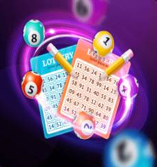 Kartu lotre dan bola angka berputar melambangkan permainan undian dengan tema futuristik bercahaya ungu